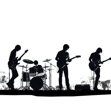 high resolution, solid black silhouettes, clip art, rock band themed, 4k, white and black only