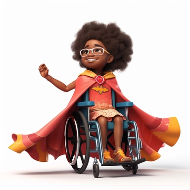 cinematic establishing pixar style cartoon shot full body view clipart - 7 year old african american girl in a wheelchair with beautiful hair in summer, beautiful big eyes shining, smiling, superhero princess clothes with cape , arms up celebrating, very bright, light edging, crisp detail