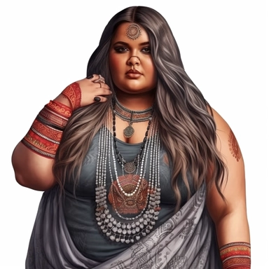 boho plus size woman, Indian American, modern, semi-realistic, spiritual, witchy, clipart, fantasy, white background, high quality, beautifully accurate illustrations