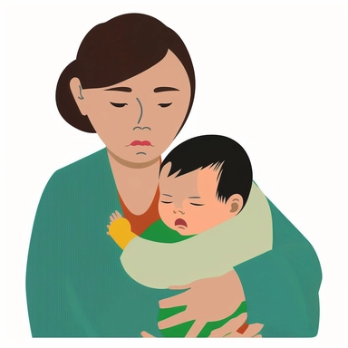 asian mother holding sick child, transparent white background, flat clipart style