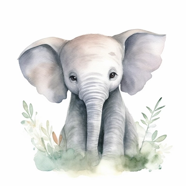 A delightful and charming watercolor clipart of an adorable baby elephant, designed for commercial use. This heartwarming composition captures the innocent charm of the African Safari Zoo animal, set against a crisp white background that accentuates its delicate watercolor textures and playful features. The baby elephant, with its gentle eyes and playful trunk, is skillfully painted in a soothing palette of grays and pastels, encapsulating the essence of nursery-themed art. The clipart emphasize