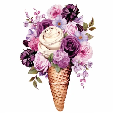 watercolor an ice cream cone is filled with purple flowers, in the style of monochromatic palettes, made of flowers, collage-inspired, berrypunk, floral accents, hatecore, crisp Clipart desert cartoon t-shirt graphic, vector, contour, isolated on a white background