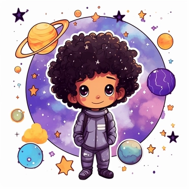 clipart, white background,, kawaii, happy, in black curly hair brown boy in space with Violet and blue, stars, planets, and the sun