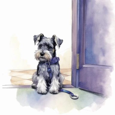 A Schnauzer patiently waiting at the door with a leash in its mouth, ready for a walk. Clipart, watercolor painting.