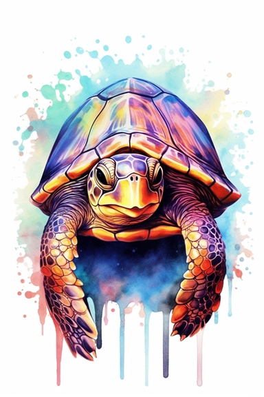 Watercolor turtle, very cute, very vibrant colors, highly detailed drawing, Doodle Style, crawling, white background, clipart, colorful, highly detailed, HD
