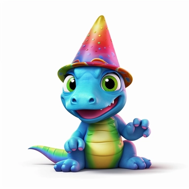 create a cute rainbow color and red baby dinosaur wearing party cap, Pixar animation style, dark colors, deep eyes, and clipart on white background