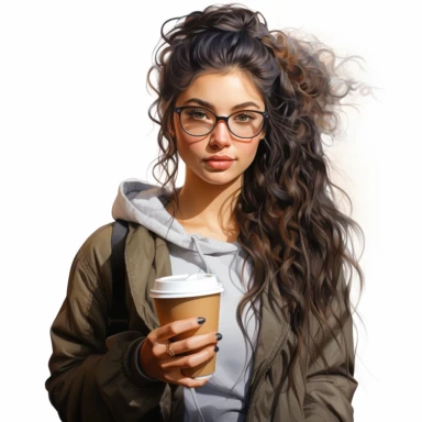 girl holding latte, in the style of photo realistic and hyper-detailed watercolor, sketchfab, ahmed morsi, realistic watercolor, use of common materials, handcrafted designs, clipart with white background