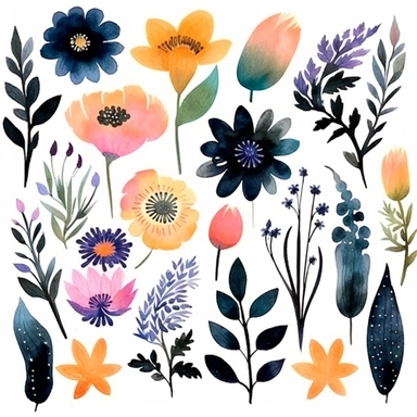 watercolor, handpainted black boho floral clipart, transparent background, spaced out--ar 3:2