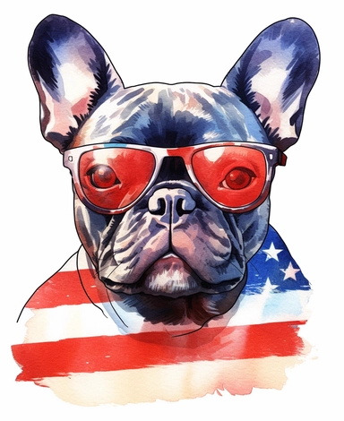 Watercolor Patriotic French Bulldog werring a usa flag clipart, hd, isolated on white background, spaceout,hand drawing, thick lines, no shading, vivid color, low detail