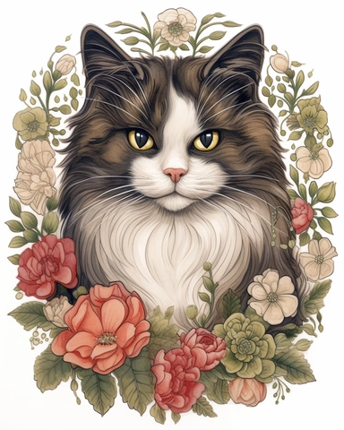 folk art clip art, colored chalk rendering, happy smiling, brown, white and black calico cat in center, full body perspective, with flowers, roses, leaves, pods on a clean white background, extra textured painting,