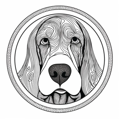 ogo, zendoodle bloodhound dog, head, facing front, cute, circle frame, cartoon clipart, vector, bold line, white isolated background, high definition