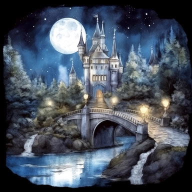 light watercolor Fantasy Castles night scenery on the moon in the garden forest with waterfalls and bridges realistic clipart on black background