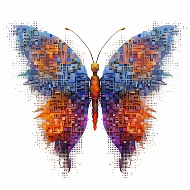 clipart of geometric butterfly, matrix code, intricate, vibrant chakra colors, sacred geometrical patterns, on white background
