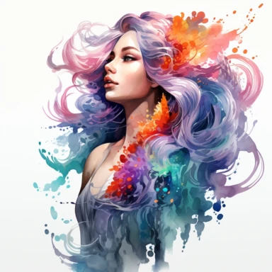 clipart white background: Paint a captivating watercolor illustration of a mermaid's with long fishtail and radiant rainbow hair