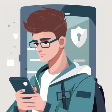 a vectorial clipart of a young modern man with a confident expression using his mobile, to securely send his video stream password access.