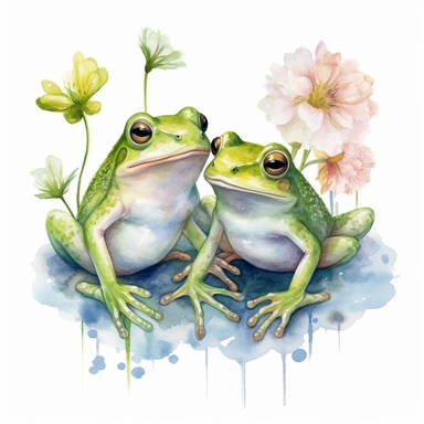 two Cute Frogs loving kiss clipart, vintage illustration, vintage print poster, Woods Forest Animals Frogs PNG Frog Daisy Flowers Water Lilies Sublimation watercolor print, white background, watercolor paint, procreate watercolor drawing, Watercolor Sublimation design, realistic cartoon, realistic water based colors, clipart, transparent white background