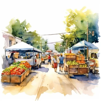 A vibrant street market in a small town, bustling with local vendors selling fresh produce, handmade crafts, and delicious street food, american style, clipart, watercolor