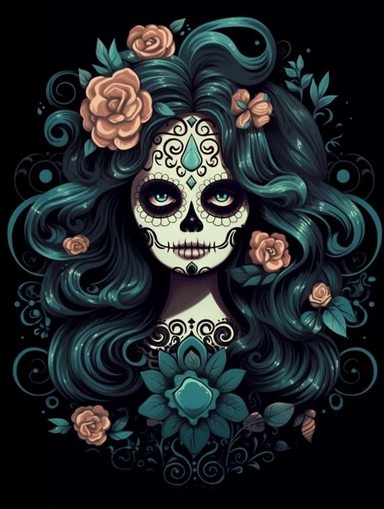 A clipart, Black background, kawaii, happy, in long hair black femme fatale skeleton dia de Muertos, Mexico city, julia shem, eric wallis, Junji Ito day of the dead sugar skulls, moonlight, mist, fog, swirling smoke mexican folklore - inspired, muted earth tones, chicano - inspired, a minimalistic modern logo Vector, flat design, gros piton and petit piton, sustainability