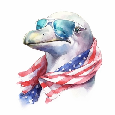 medium shot, low angle, watercolor style, Amazon river dolphin, wears American flag scarf and sunglasses, hyper-realistic animal illustrations, 2d game art, quadratura, clipart, on white background,