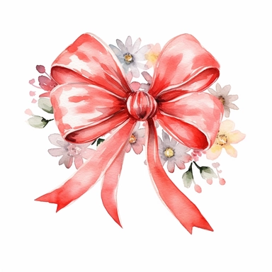 Generate clipart of a watercolor-style gift bow, little flowers around, in pastel red light tones, high detail, 8k, white background, clipart
