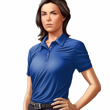 photo-realistic angry physically fit woman, age 25, wearing a stunning royal blue polo shirt, on white background for vector clipart