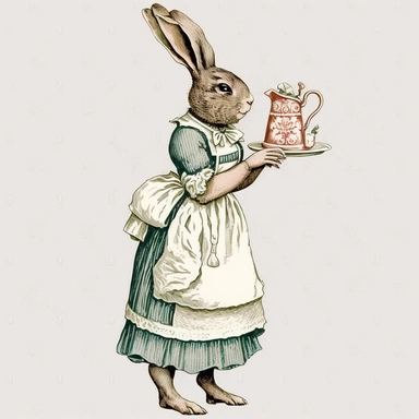 Side Profile Bunny Maid Wearing Apron holding Tea Cutlery Illustration, 1920s Illustration, Vintage, Antique, Ephemera, Clipart, 8k, Isolated on white