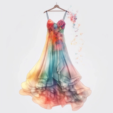panoramic view, full view, beautiful flowing tropical party dress in vibrant colors on ornate hanger, shabby chic, elegant, ethereal, romantic, fantasy, high detail, shabby chic, sharp focus, 8k, photo realistic, illustration sketch, clipart style, transparent background