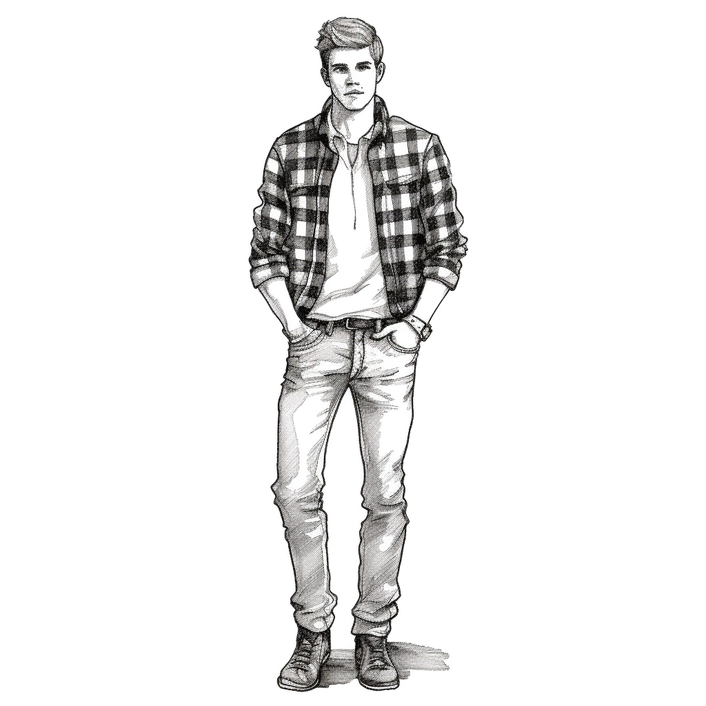 Man in flannel shirt and jeans, black line drawing, Clipart - Clip Art ...