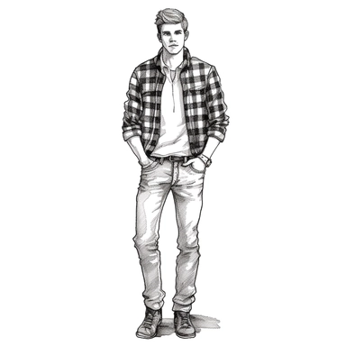 Man in flannel shirt and jeans, black line drawing, Clipart