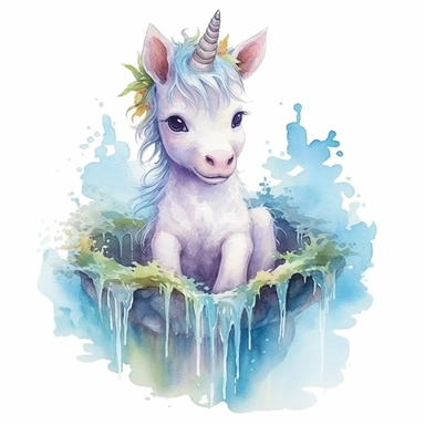 cute baby unicorn, clipart, watercolor, sitting in the waterfall