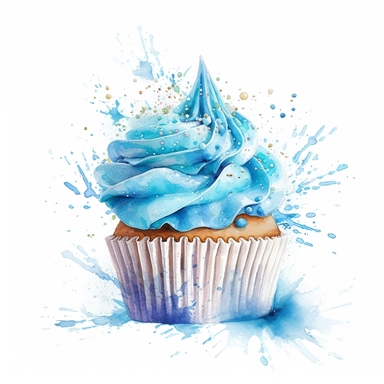 blue cupcake. splashes and sparkles. white background. clipart. watercolour