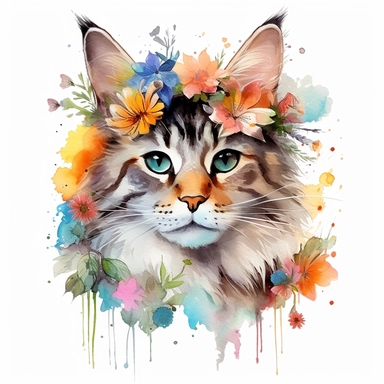 Sokoke Cat with flowers, watercolor, sharp illustration clipart, insane detail, white background