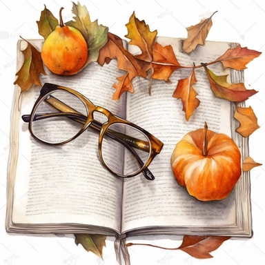 Open old book, glasses, coffee mug, top view, dry autumn leaves, small pumpkins, watercolor, clipart, white background