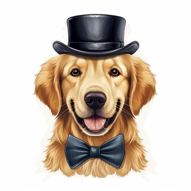 cute golden retriever wearing bowler hat, bow tie, realistic, vector, illustration, clip art, white background