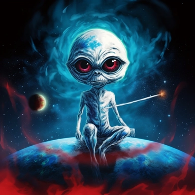 clipart , weed painting, bong, blunt, blue and white smoke background, in space, sitting on a planet, red eyes