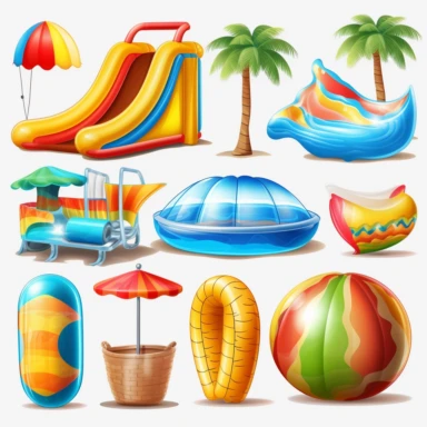 vector clipart set inflatable water slide, beach ball, sunglasses, float, hd, realistic, isolated, no background