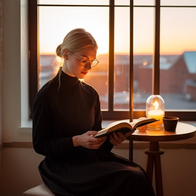 professional full body indoor photo taken from above about a 23-years-old stunning whiteish blonde protestant girl in black turtleneck reads Bible and sitting on a worn and stained thonet chair, warm lights inside behind the girl, there are sunset outside looking from the window, she has a bun, there is a table with bread and wine, focal length 50mm, Canon, real photo, hyper realistic, high quality, high detailed, Realistic, 4k, 8k, ultra detailed, cinematic lighting, natural blur, photorealism,