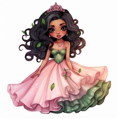A cute detailed black girl in chibi style, Jasmine Becket - Griffith style, watercolour illustration clipart with real glitter detail, wearing a beautiful pink full length ballgown style dress, the girl has long black hair, the girl has green eyes, full body image, with feet isolated on a white background,