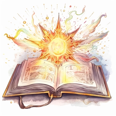 Solid white background, Detailed watercolor open ancient wizard magic book with love magic swelling from the book's pages clipart. The visable pages of the book have glowing etched runes on them visibly.