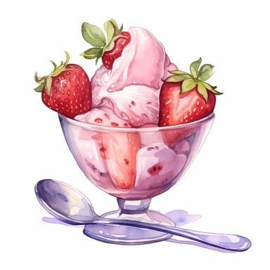 Strawberry icecream in Glass Bowl,watercolor clipart