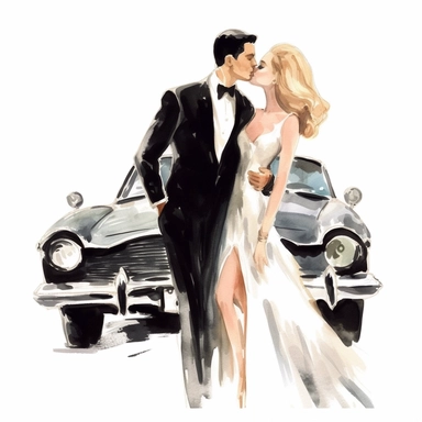 just married car black tuxedo clipart graphic vector white background cartoon style drawing painting watercolor