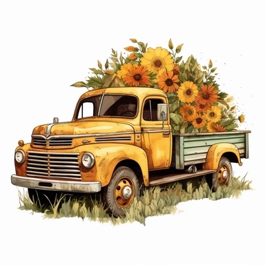 vintage truck picking up sunflowers drawn in watercolor, vector design, cutout,Sublimation Clipart ,Cartoon,hyper realistic, intricate detail, illustration style,high solution,on the white background