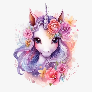 High level watercolor, hyper realistic cartoon, transparent background with margins, 8k, ultra detailed clipart, cute colorful unicorn, with big cute eyes, flower, and shimmering fairy dust, magical pattern, cool, fairy