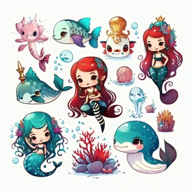 beautiful, 10 cute mermaid and fantasy aquatic life stickers collection, clipart design, cartoon, 4k, white background, photo realism