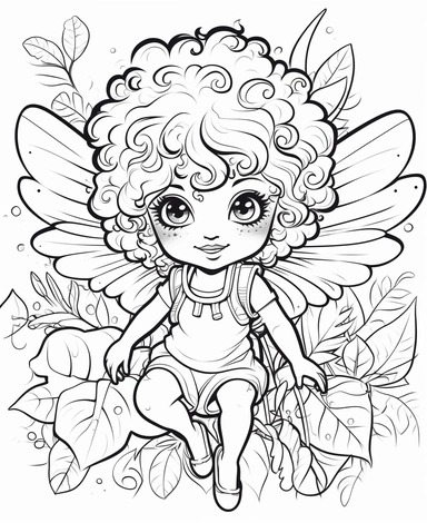 Adorable curly-haired, bi-racial fairy, with wings, exploring a lush rainforest filled with exotic plants, Kawaii for a childrens book, cartoon style, thick lines, black and white, no shading, line drawing illustration, no kid faces, no duplicate faces, blurry, drawing, cartoon, illustration, painting, concept art, cgi, unreal, anime, black&white, b&w, picture frame, deformed, bad anatomy, disfigured, poorly drawn face, mutation, mutated, extra limb, poorly drawn hands, done by bad-artist, ugly,