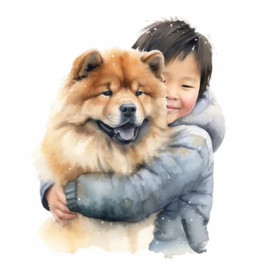 high detailed, Hand drawn watercolor clipart of a cute Chow Chow hugged by a child, on a white background