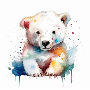 please create watercolor clipart of a baby arctic polar bear wearing face paint like a clown, smiling, cute ,colorful