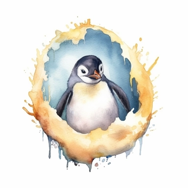 Watercolor clipart consist a penguin chick breaking out of its egg, symbolizing new beginnings and the circle of life. Produce very high detailed image, Produce very high quality image, The penguin proportion is same as real emperor penguin, Left some white empty space around the image frame,