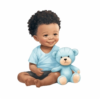 a little black baby boy in baby blue clothes, with a teddy bear, soft illustration, clipart