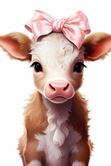 a baby cow with pink bow, clipart, white background